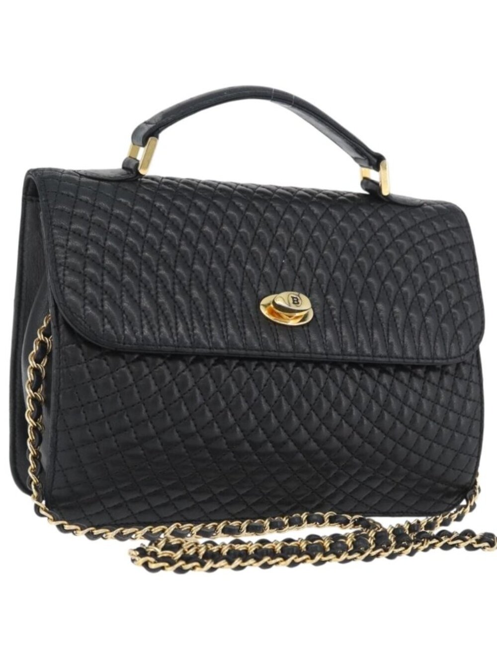 BALLY Quilted Chain Shoulder Bag Leather 2way Black Gold